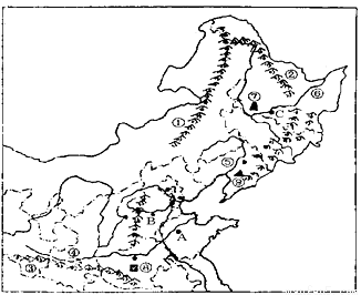 读我国北方地区图,写出图中代号所代表的地理事物名称.