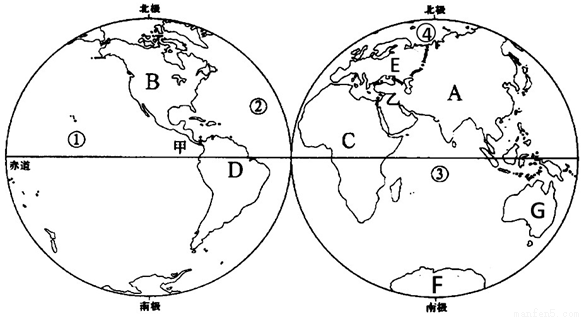 读世界海陆分布图,完成下列问题(17分)