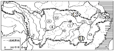 读"长江水系图"填空.(8分,每空1分)