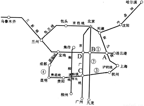 读《我国主要铁路干线分布示意图》,回答下列问题