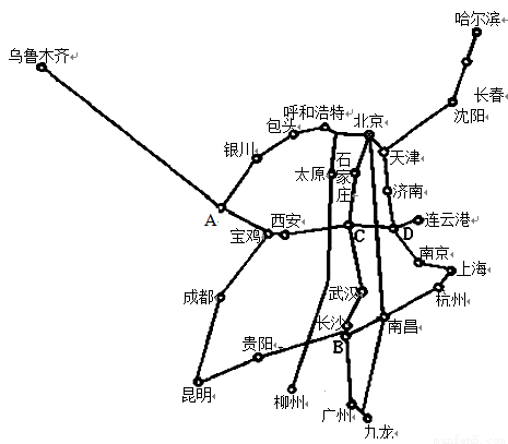 读"我国简要铁路干线分布图",完成下列问题.(11分)