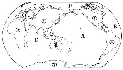 读"世界七大洲和四大洋分布图",回答下列问题:(共15分)