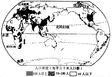 读"世界人口分布图",回答下列问题