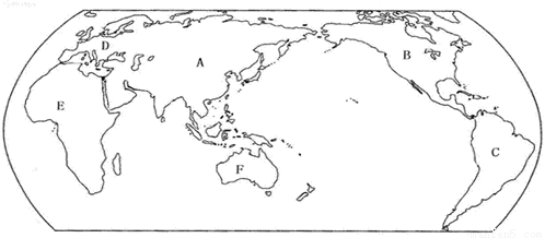 读"世界轮廓图",回答下列问题.(8分)