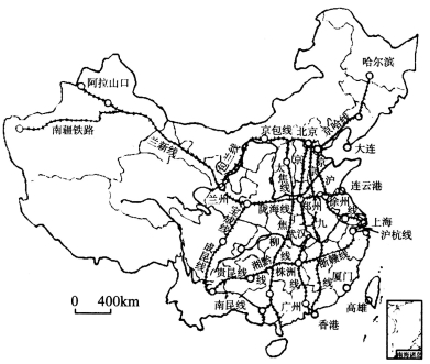 图为"中国主要铁路干线及港口图",完成下列各题.(共6分)