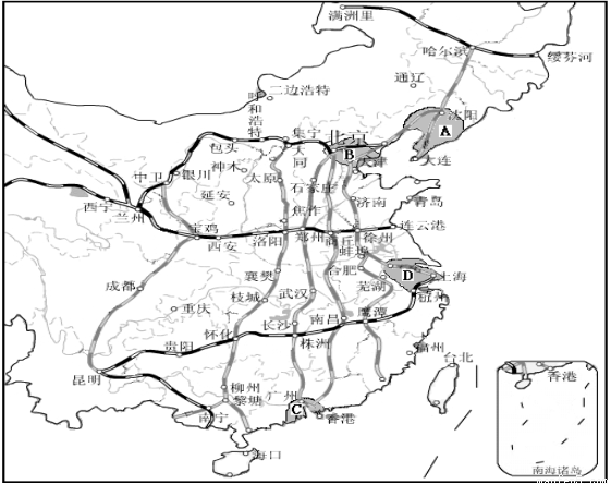 读我国重要工业区与铁路干线分布示意图,回答下列问题.