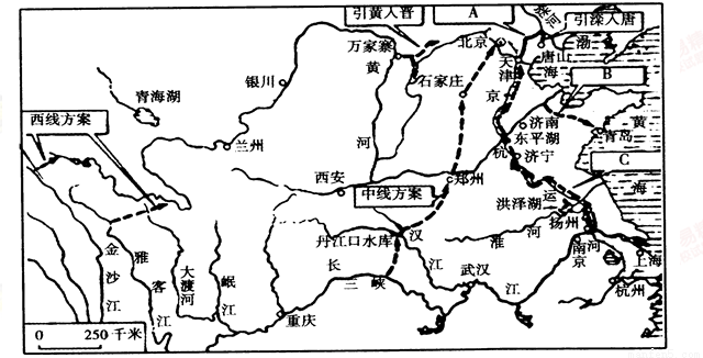 读我国南水北调示意图及有关材料,完成下列问题.(每空1分,共10分)