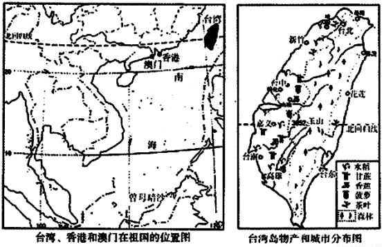 读"台湾,香港和澳门在祖国的位置图"和"台湾岛物产和城市分布图",回答图片