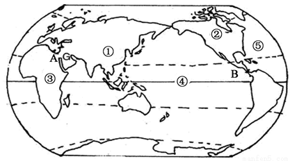 读世界海陆分布示意图,完成下列问题.(9分)