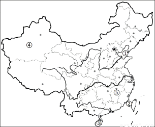 读中国政区图回答问题:请填出以下地理事物的名称:①