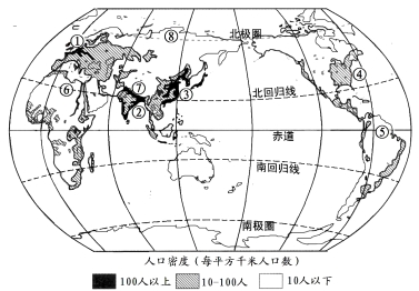 读世界人口分布图,完成下列问题(每空1分,共10分) ⑴.