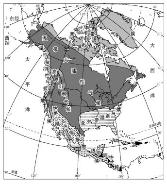 读北美洲气候分布图,回答下列各题.图片