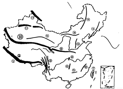 下图是中国主要山脉分布图.读图回答下列各题.(1)写出以下号码代表的山脉.山峰的名称填写在相应的空格内.④ 山.⑤ 岭.⑦