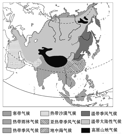 读亚洲气候类型图,回答下面小题.