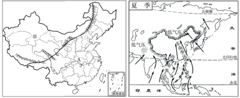 读"我国季风区和非季风区分界线图"和"夏季风示意图,完成下列问题.