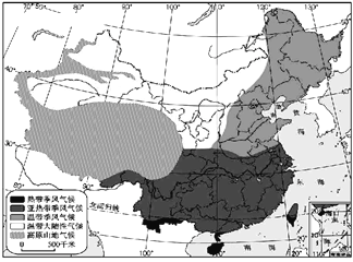 依据下面的中国气候类型分布图,完成下面小题.