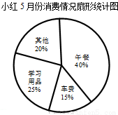 小红同学将自己5月份的各项消费情况制作成扇形统计图如图从图中可