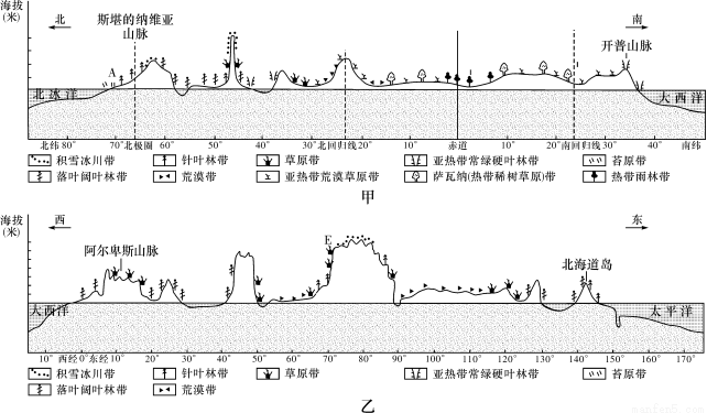 向内陆以及山地由山麓向山顶自然带的地域分异示意图(大致位于45°n)