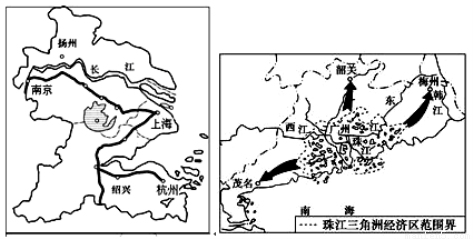 读我国长江三角洲和珠江三角洲经济区示意图,回答下列问题.(12分)