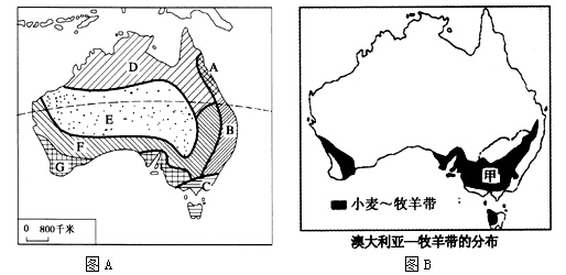 图A为澳大利亚气候分布图.图B为小麦-牧羊带分图.完成:(1)图A中A是热带雨林气候.其形成原因是 . .(2)图A中E气候类型是 .其形成主要是受 气压带控制.盛行下沉气流.气候特征表现为 .(3)澳大利亚小麦-牧羊带的农业地域类型是 .发展条件有哪些?(4)图B甲地区荒漠化很快的地区之一.原因主要是 题目和参考答案