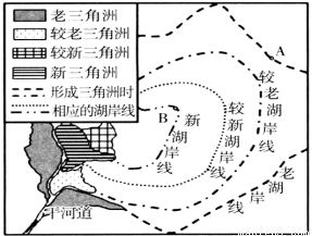 读古罗布泊湖岸线及河流入湖口三角洲分布示意图,结合所学知识,回答