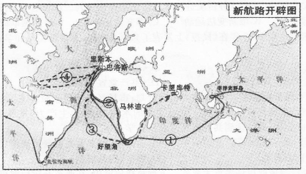 1492年,在西班牙王室资助下,哥伦布开辟的新航线是图中所示的航线