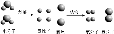 过程的微观示意图,表示出两个水分子分裂成四个氢原子与两个氧原子