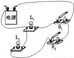 两个开关和两盏电灯,请你连接好下面的实物电路图,使s