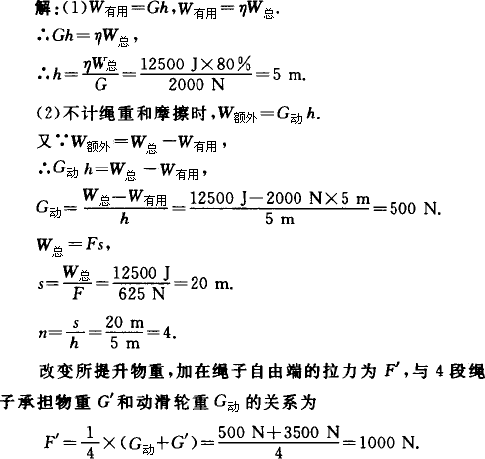 提升重2000 n的物体,作用在绳子自由端的拉力为625 n,拉力做功为12500