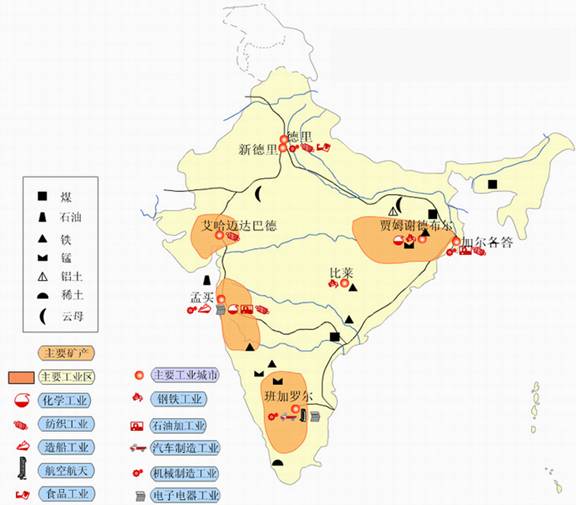 印度新兴的工业中心分布在 [ ] a.东北部煤铁产区 b.