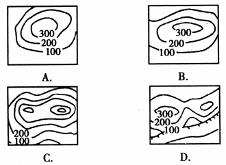 下面四幅等高线图所表示的地形中.有陡崖的是