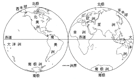 西半球图.回答问题(1)被赤道穿过的大洲有 洲 洲 洲和 洲.