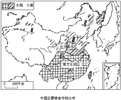 观察中国主要粮食作物分布图我国水稻和小麦的分布特点是