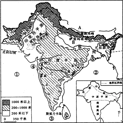 读"印度地形图",回答下列问题