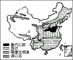 读"我国历史时期森林植被遭破坏地区分布图".回答(1)～(3)题.