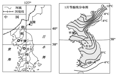 材料一"朝鲜半岛的位置示意图 和"朝鲜半岛一月等温线分布图.