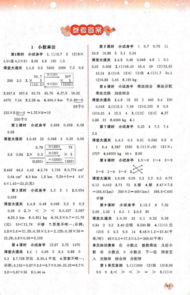 与测评数学五年级上册参考答案 第1页 参考答案 分享练习册得积分