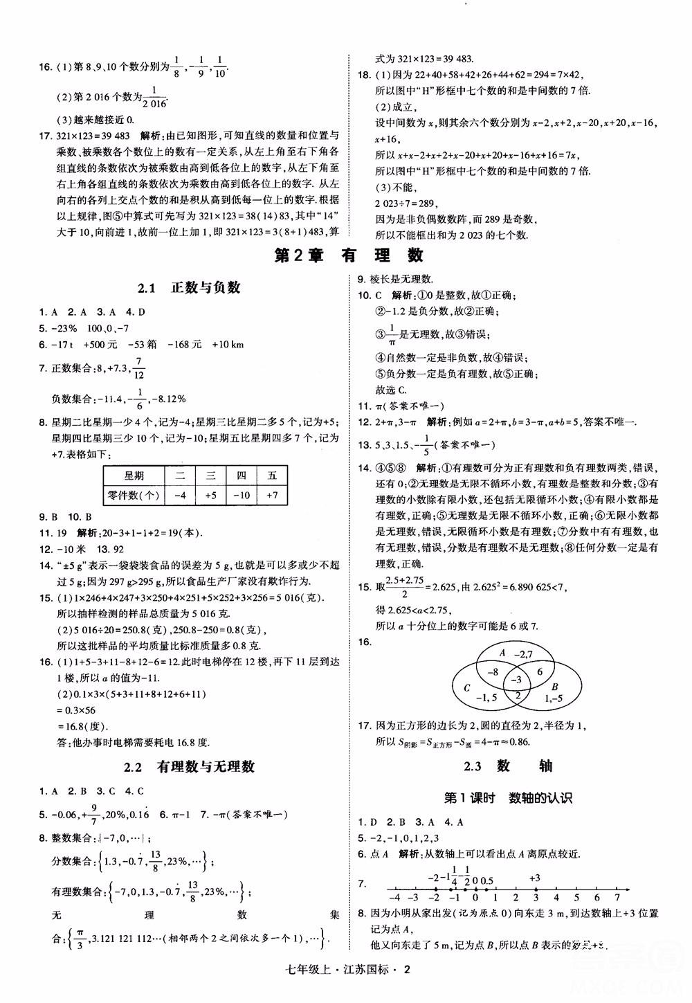 2018秋学霸题中题初中数学七年级上册苏科版江苏国标参考答案 第2页