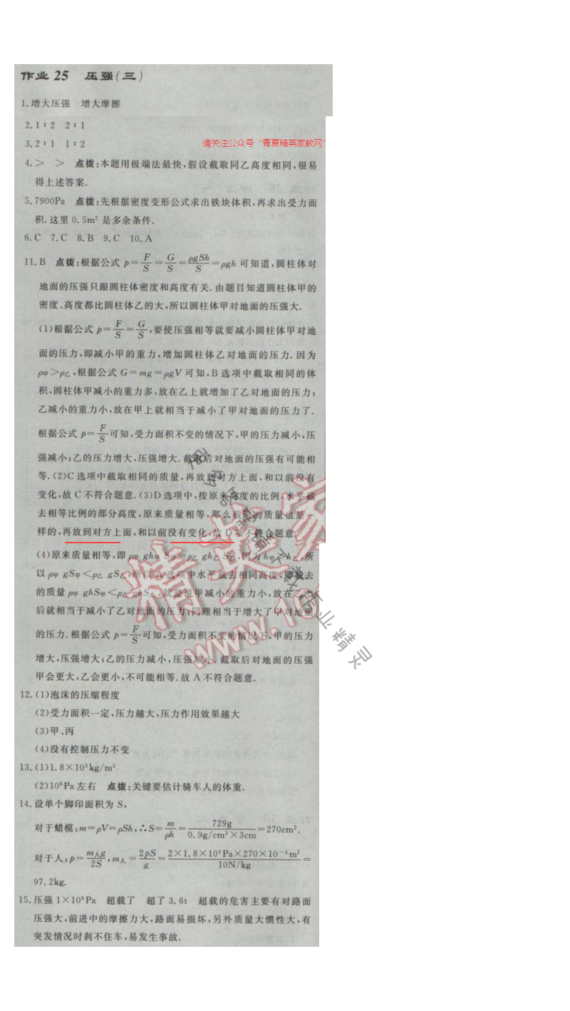 启东中学作业本八年级物理下册江苏版第十章作业二十五
