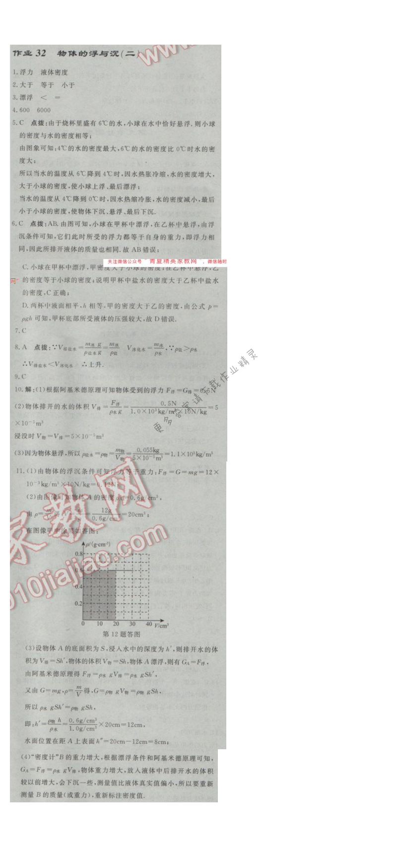 启东中学作业本八年级物理下册江苏版第十章作业三十二