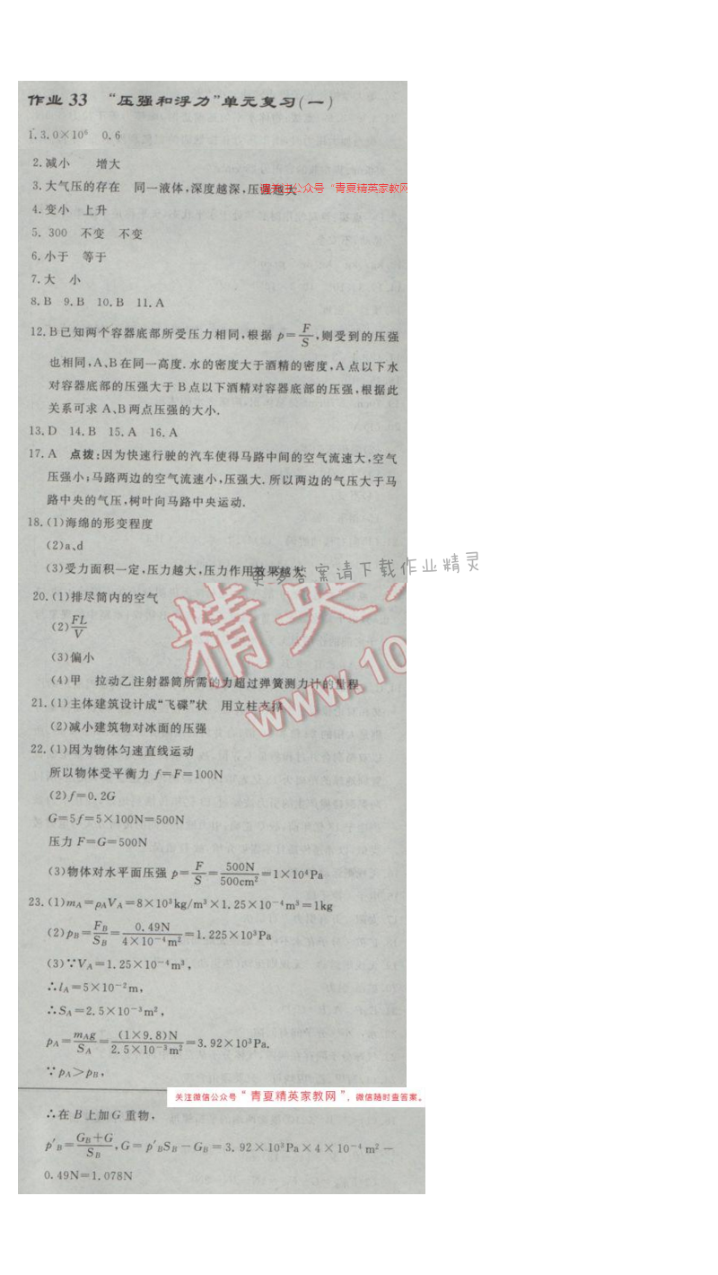 启东中学作业本八年级物理下册江苏版第十章作业三十三