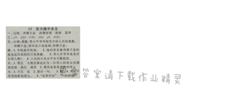 启东黄冈作业本五年级语文上册江苏版 13 在大海中永生