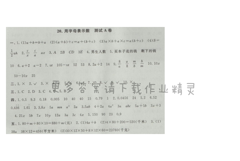 启东黄冈大试卷五年级数学上册江苏版 20.用字母表示数 测试A卷