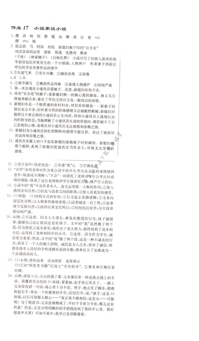 启东中学作业本九年级语文上册江苏版 作业17 小说家谈小说