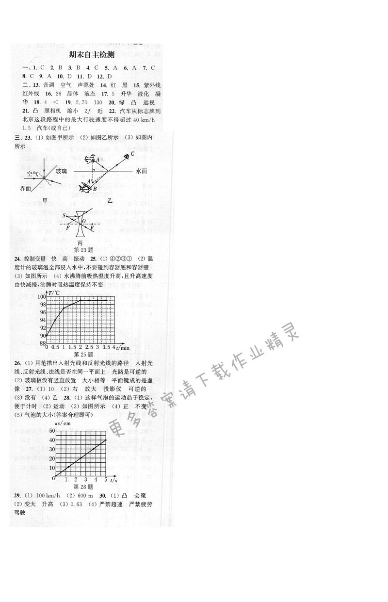 通城学典课时作业本八年级物理上册苏科版 期末自主检测