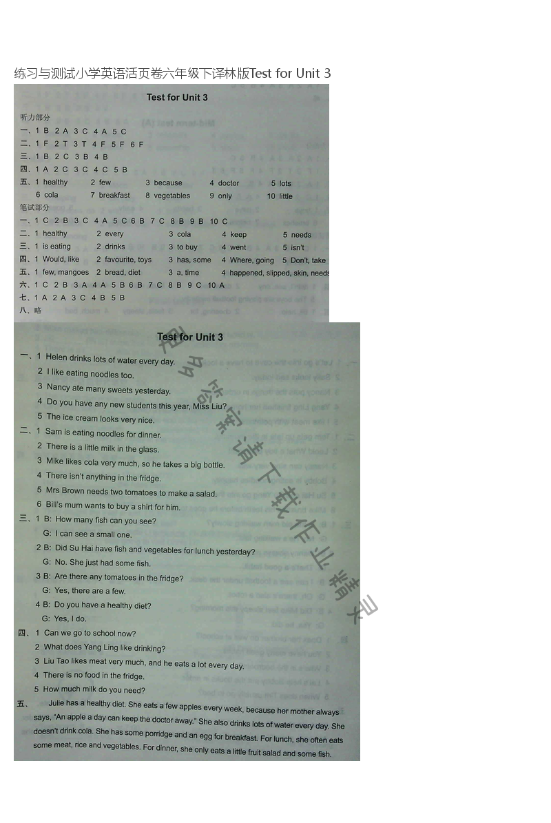 练习与测试小学英语活页卷六年级下译林版Test for Unit 3