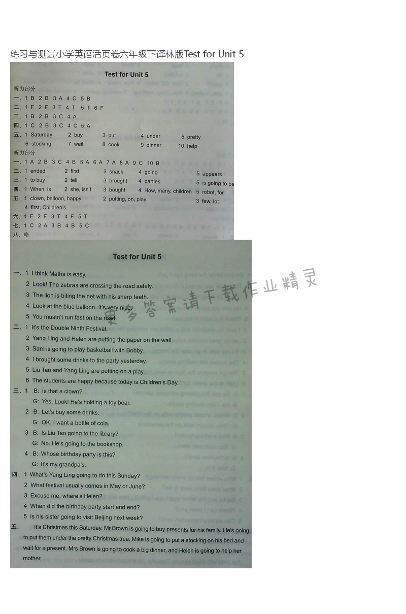 练习与测试小学英语活页卷六年级下译林版Test for Unit 5