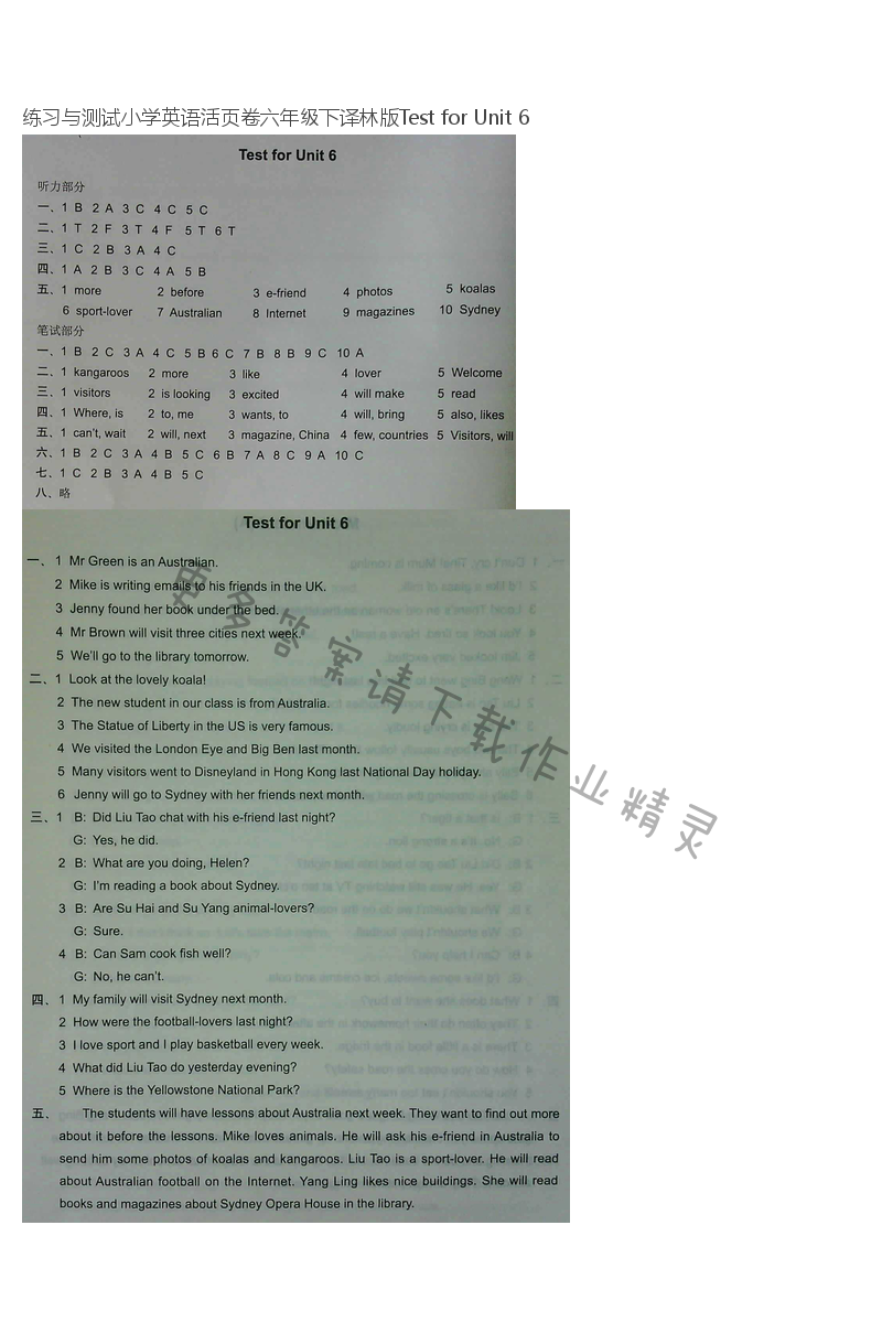 练习与测试小学英语活页卷六年级下译林版Test for Unit 6