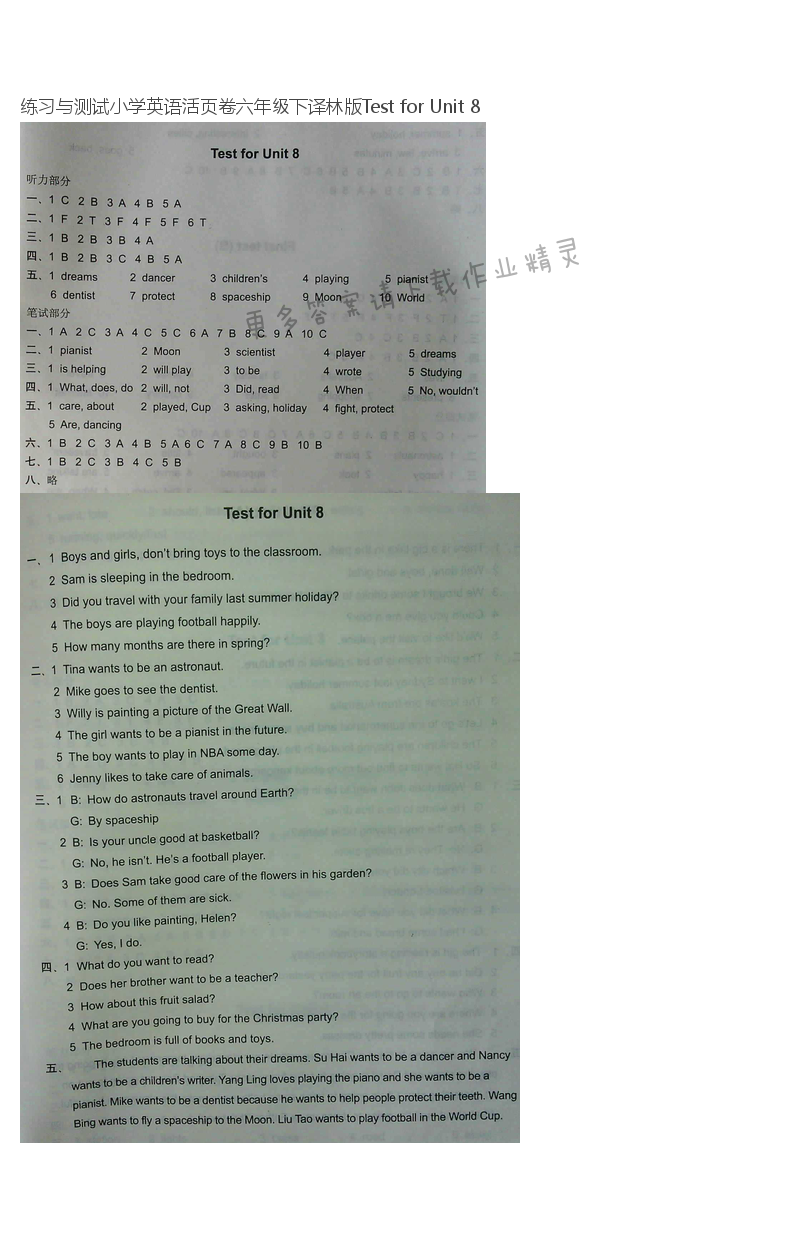 练习与测试小学英语活页卷六年级下译林版Test for Unit 8