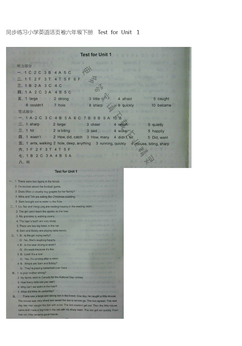 同步练习小学英语活页卷六年级下册   Test  for  Unit   1